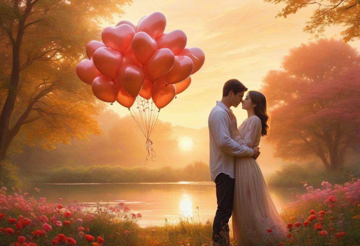 A romantic scene featuring a couple in a warm embrace, surrounded by soft, floating heart-shaped balloons and gentle, swirling winds. In the background, a serene landscape with blooming flowers and a soft sunset casts a golden hue, symbolizing protection and love. Infuse the atmosphere with a dreamy, ethereal quality that highlights the theme of love and security. soft-focus. vibrant colors. painting.