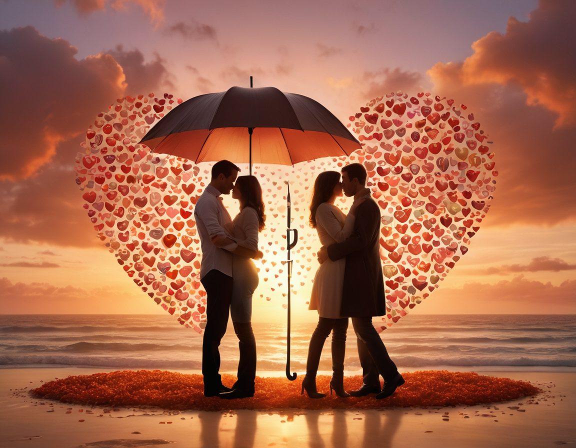 A serene scene depicting a loving couple sharing a warm embrace under a protective umbrella, surrounded by floating hearts and symbols of security like shields and locks. The background features a soft sunset, symbolizing warmth and safety, while the foreground includes subtle elements representing insurance, like documents and a heart-shaped certificate. The couple exudes happiness and trust, emphasizing the theme of love and protection. super-realistic. warm colors. soft-focus.