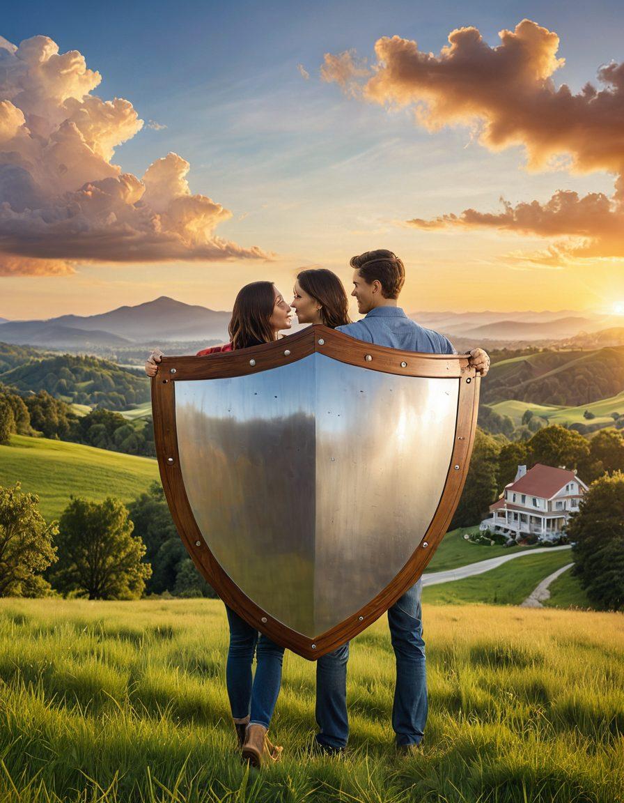 A couple standing together with a shield symbolizing protection, surrounded by various insurance policy icons (like home, health, life, auto) illustrated in a harmonious way. The background features a serene landscape, symbolizing safety and peace of mind. Soft, warm colors create a comforting atmosphere. super-realistic. vibrant colors. soothing background.